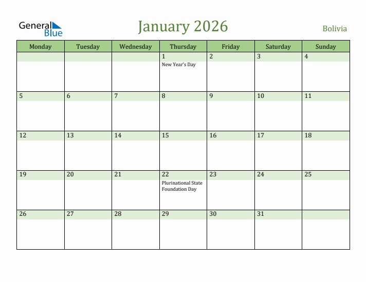 January 2026 Calendar with Bolivia Holidays