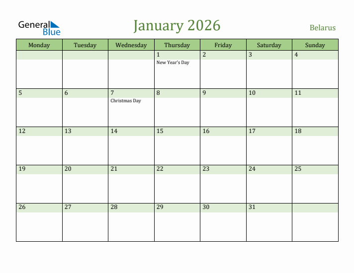 January 2026 Calendar with Belarus Holidays
