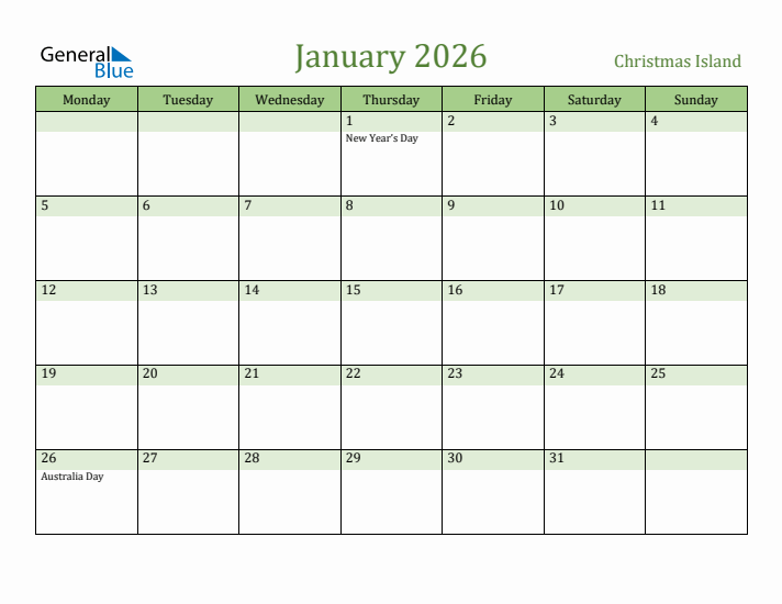 January 2026 Calendar with Christmas Island Holidays