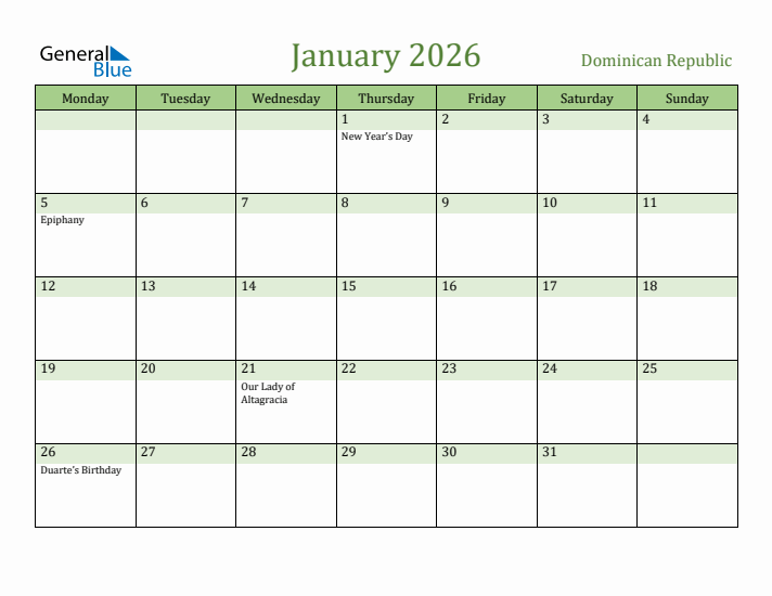 January 2026 Calendar with Dominican Republic Holidays