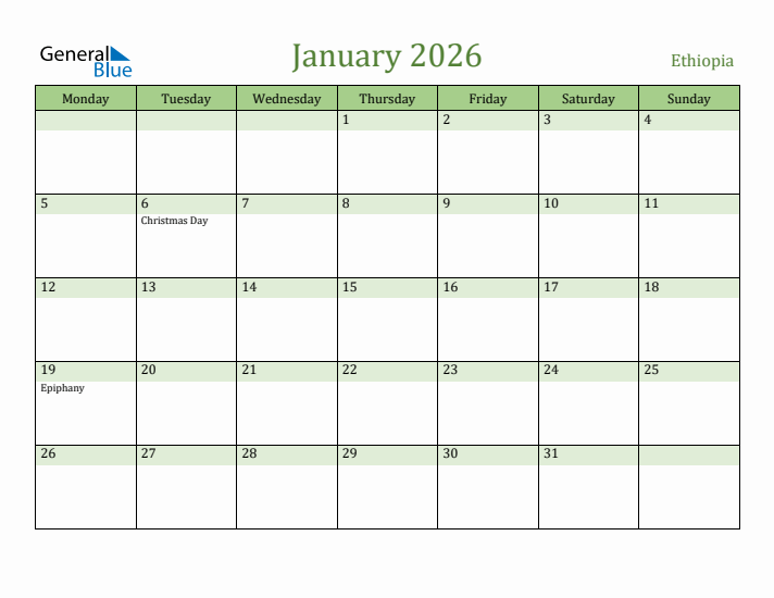 January 2026 Calendar with Ethiopia Holidays
