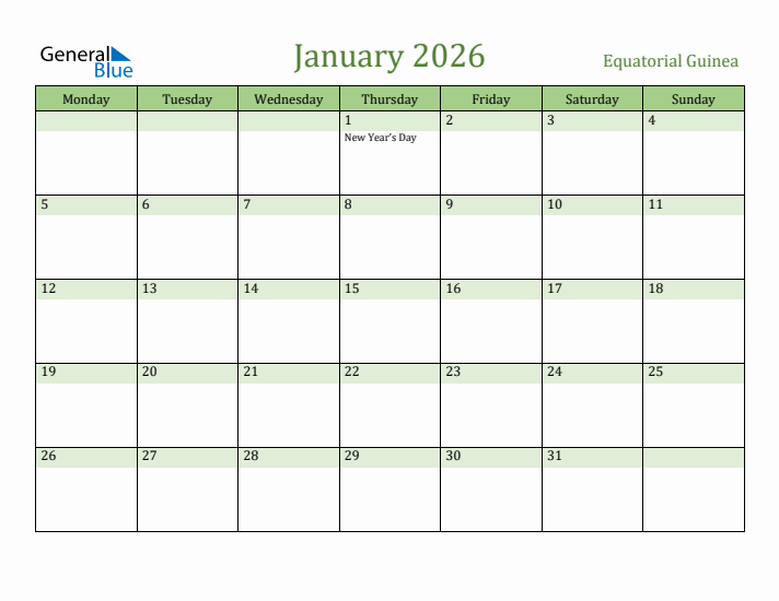 January 2026 Calendar with Equatorial Guinea Holidays