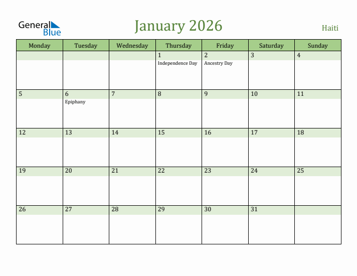 January 2026 Calendar with Haiti Holidays