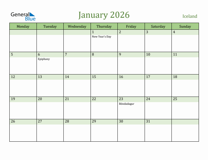 January 2026 Calendar with Iceland Holidays