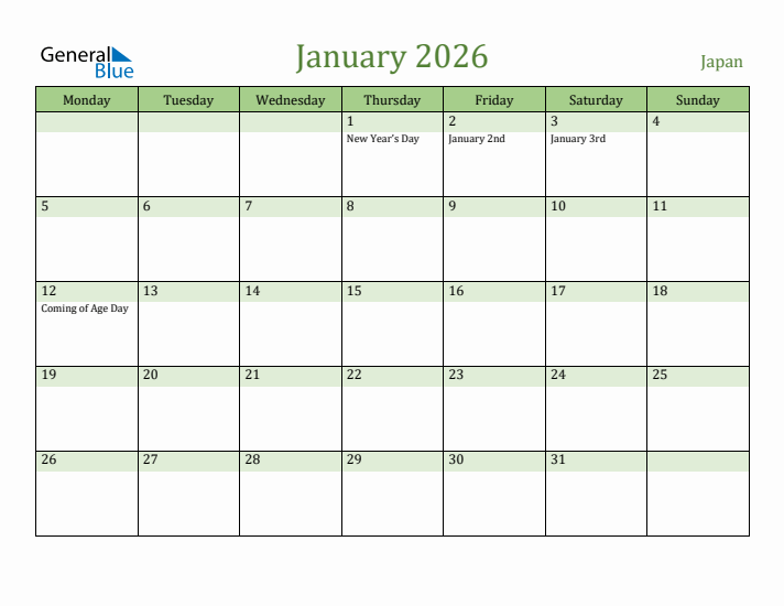 January 2026 Calendar with Japan Holidays