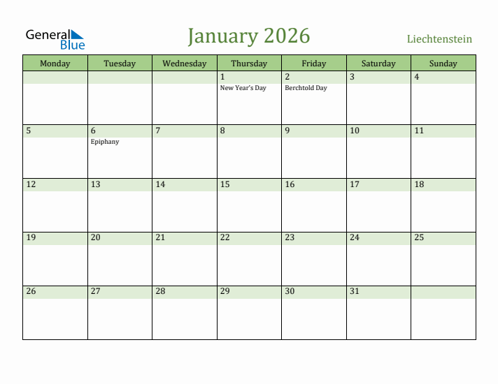 January 2026 Calendar with Liechtenstein Holidays