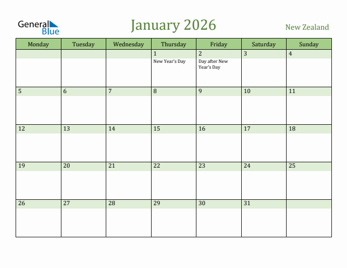 January 2026 Calendar with New Zealand Holidays