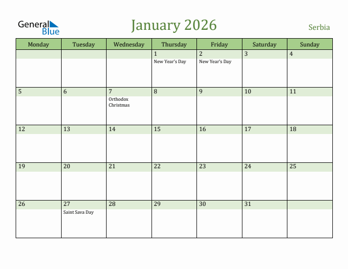 January 2026 Calendar with Serbia Holidays