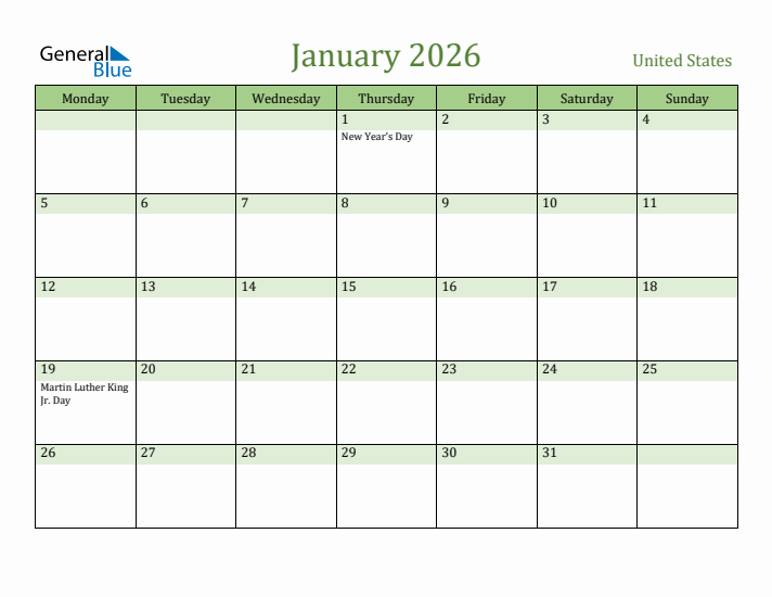 January 2026 Calendar with United States Holidays