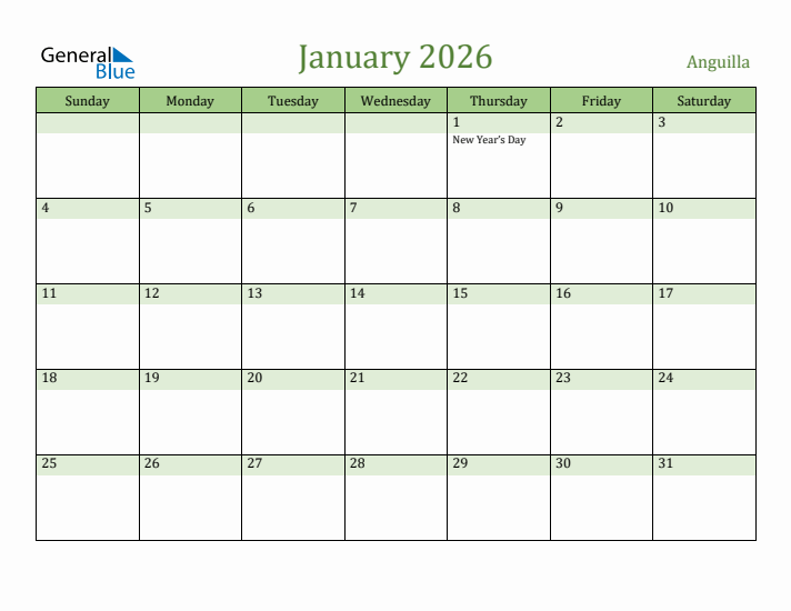 January 2026 Calendar with Anguilla Holidays