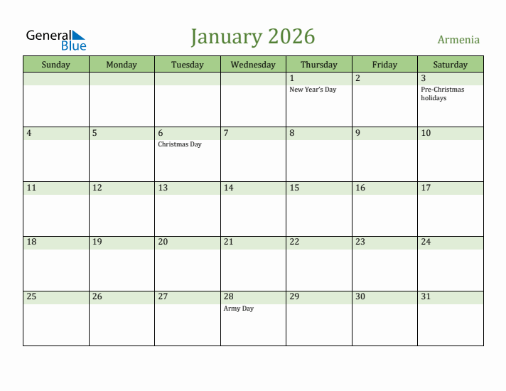 January 2026 Calendar with Armenia Holidays