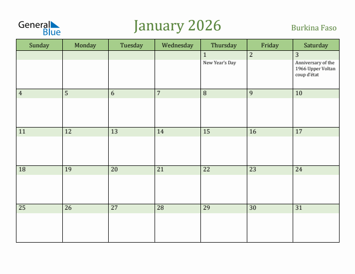 January 2026 Calendar with Burkina Faso Holidays