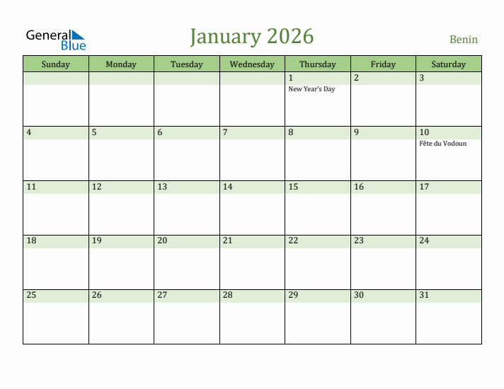January 2026 Calendar with Benin Holidays