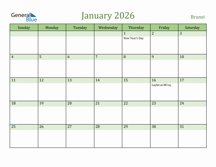 January 2026 Calendar with Brunei Holidays