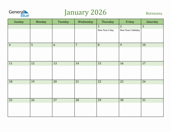 January 2026 Calendar with Botswana Holidays