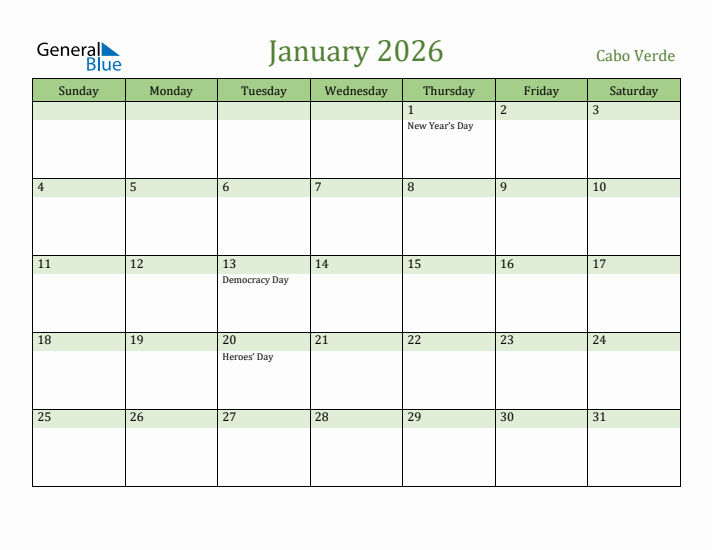 January 2026 Calendar with Cabo Verde Holidays