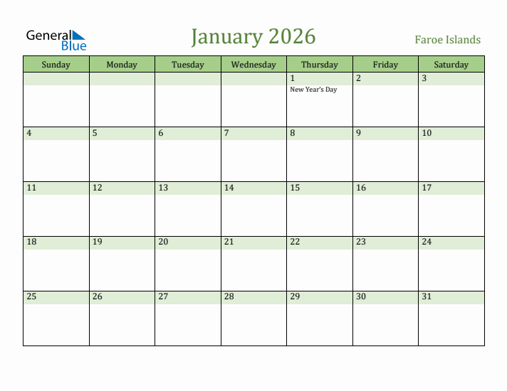 January 2026 Calendar with Faroe Islands Holidays