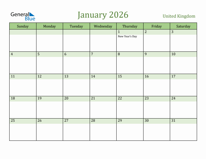 January 2026 Calendar with United Kingdom Holidays