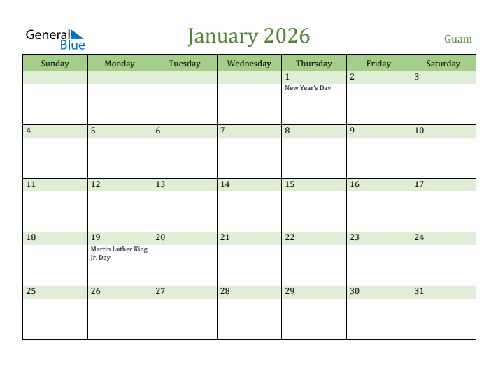 January 2026 Calendar with Guam Holidays