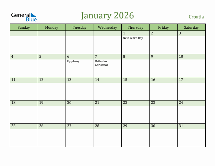 January 2026 Calendar with Croatia Holidays