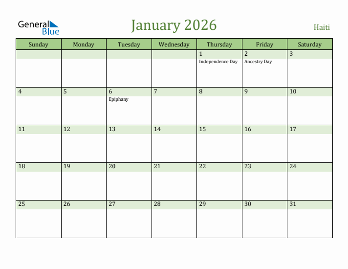 January 2026 Calendar with Haiti Holidays