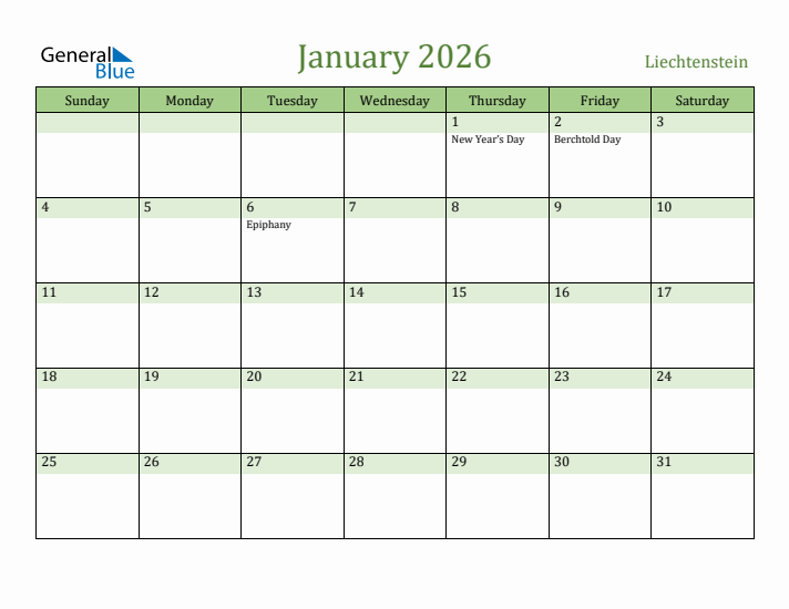 January 2026 Calendar with Liechtenstein Holidays
