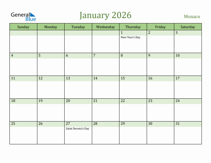 January 2026 Calendar with Monaco Holidays