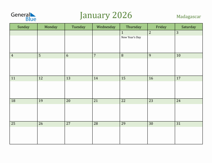 January 2026 Calendar with Madagascar Holidays