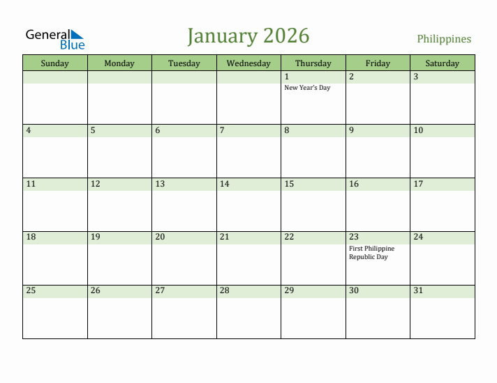 January 2026 Calendar with Philippines Holidays