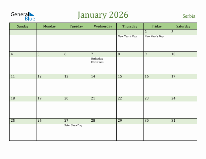 January 2026 Calendar with Serbia Holidays