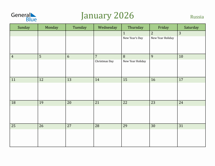 January 2026 Calendar with Russia Holidays
