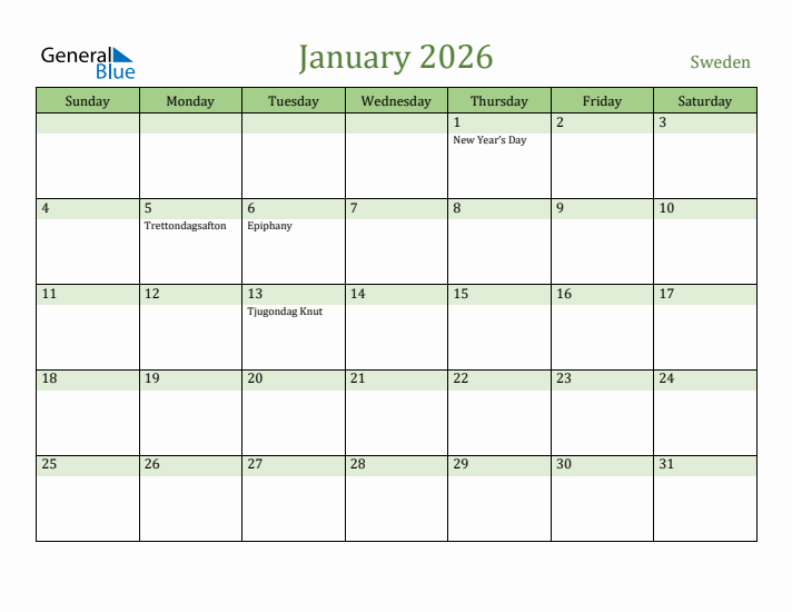 January 2026 Calendar with Sweden Holidays