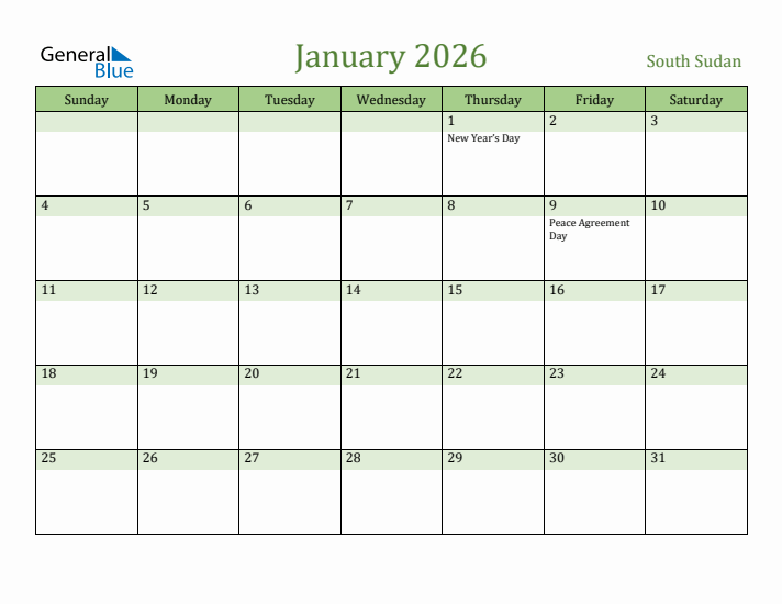 January 2026 Calendar with South Sudan Holidays