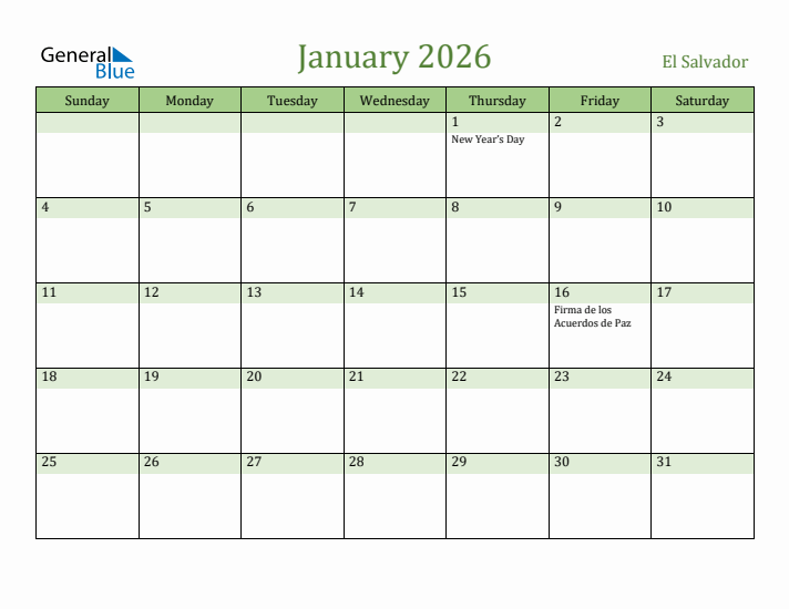 January 2026 Calendar with El Salvador Holidays