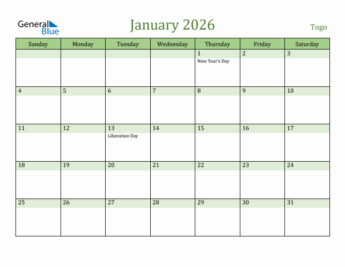 January 2026 Calendar with Togo Holidays