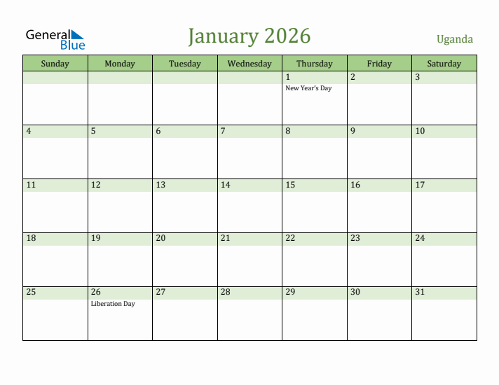 January 2026 Calendar with Uganda Holidays