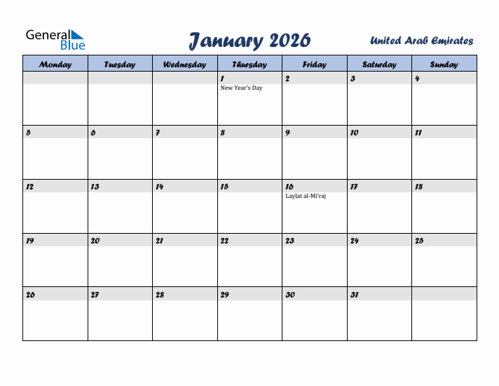 January 2026 Calendar with Holidays in United Arab Emirates