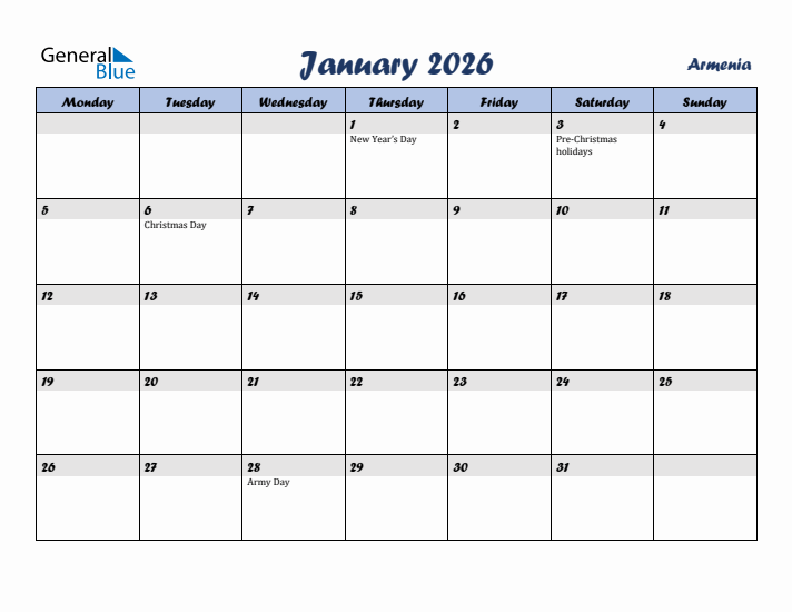 January 2026 Calendar with Holidays in Armenia