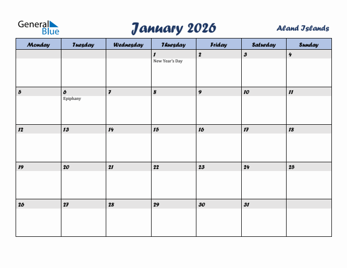 January 2026 Calendar with Holidays in Aland Islands