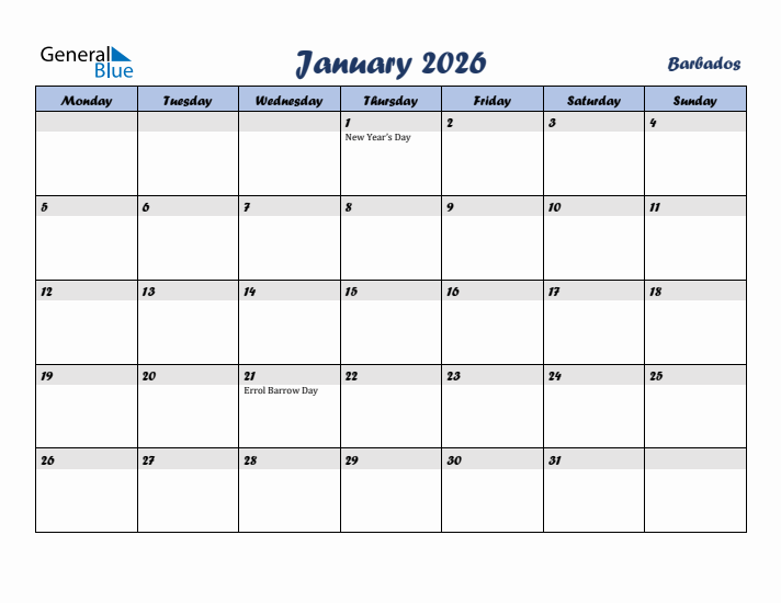 January 2026 Calendar with Holidays in Barbados