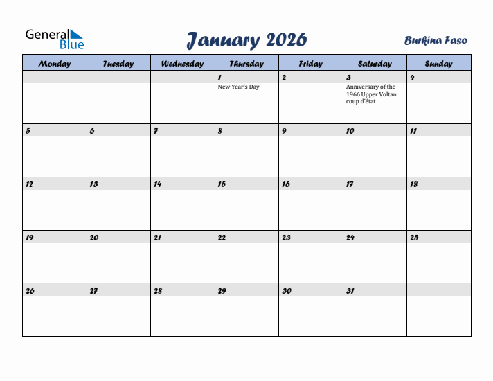 January 2026 Calendar with Holidays in Burkina Faso