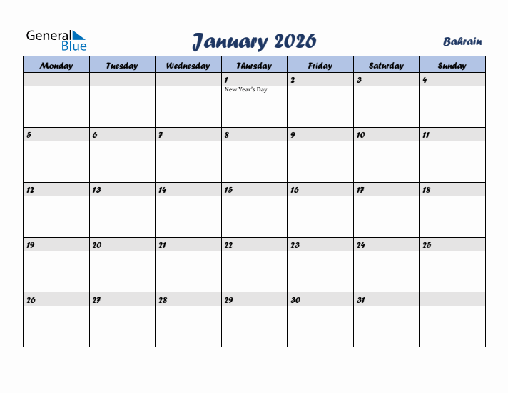 January 2026 Calendar with Holidays in Bahrain