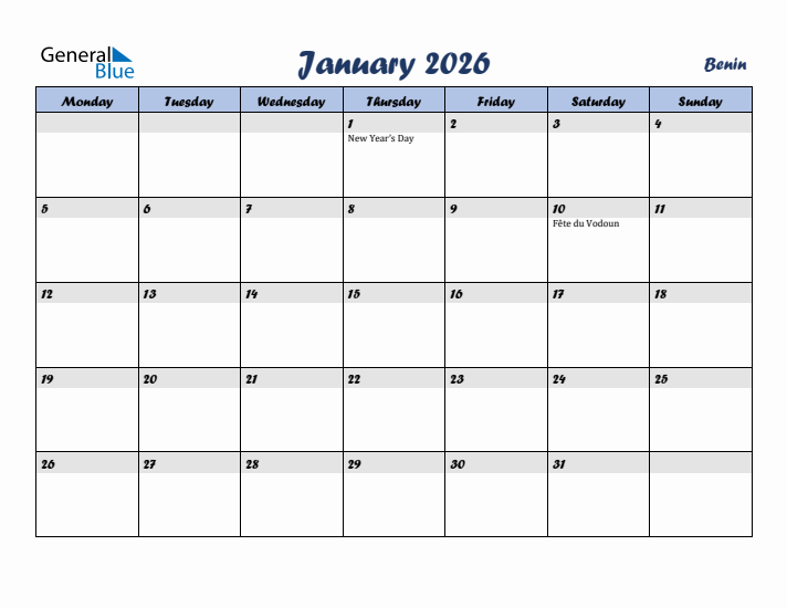January 2026 Calendar with Holidays in Benin