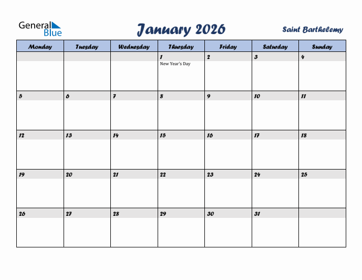 January 2026 Calendar with Holidays in Saint Barthelemy