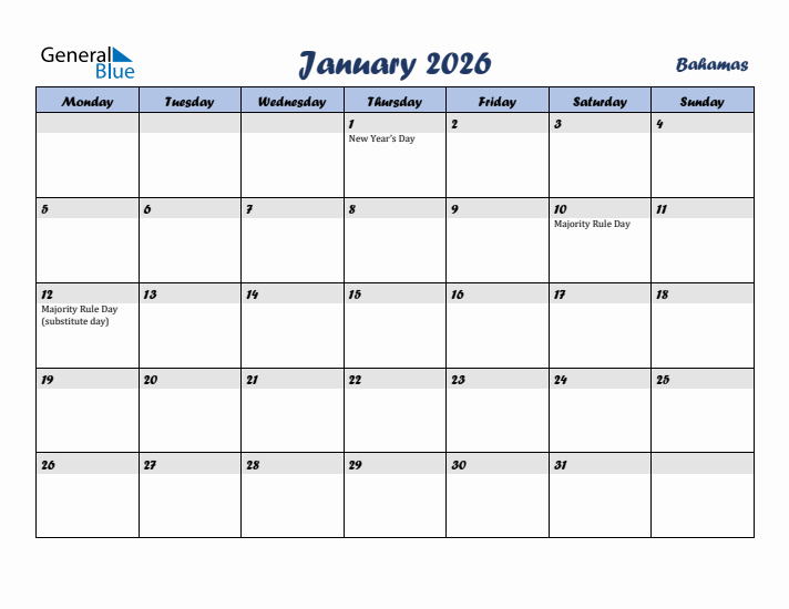 January 2026 Calendar with Holidays in Bahamas