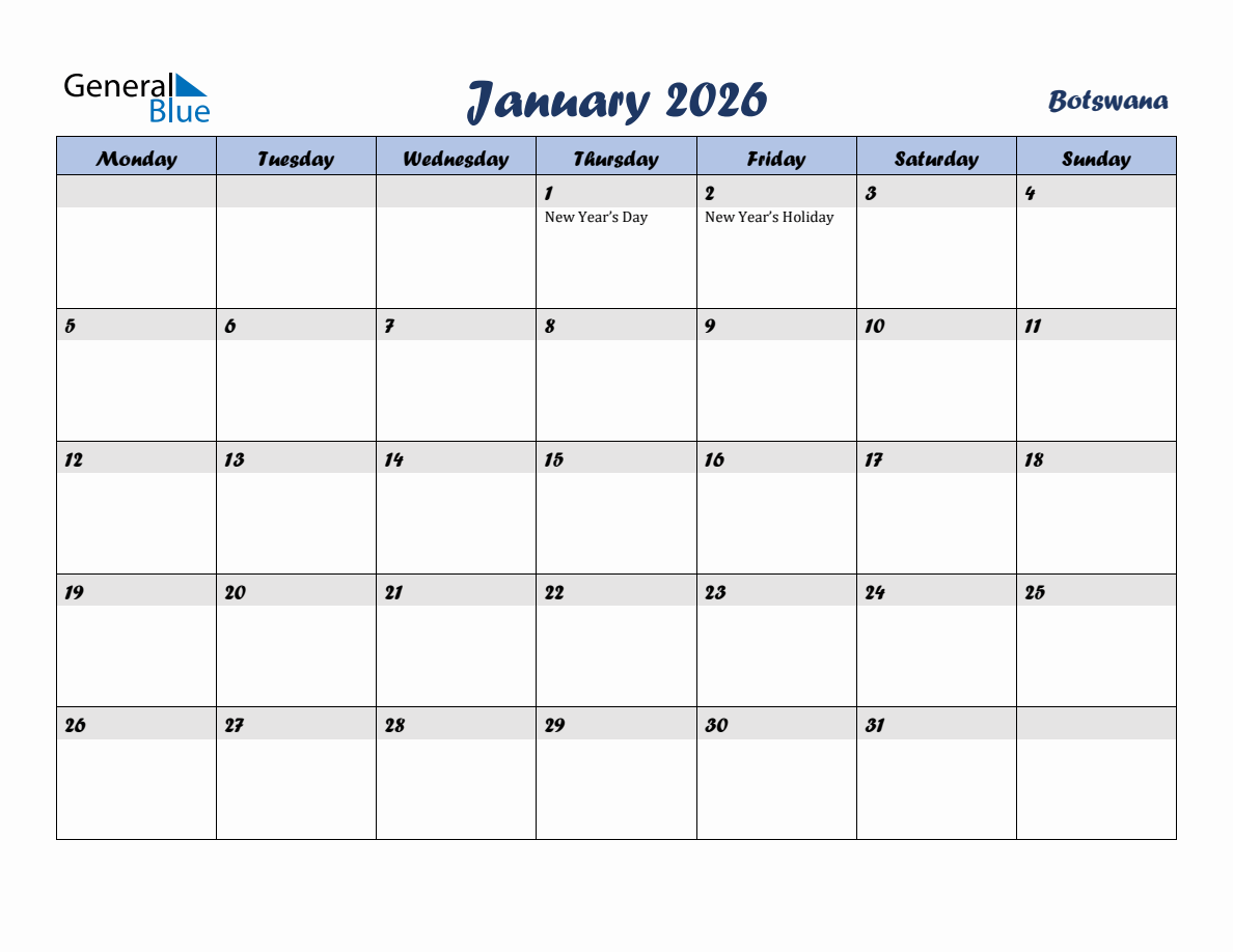 January 2026 Monthly Calendar Template with Holidays for Botswana