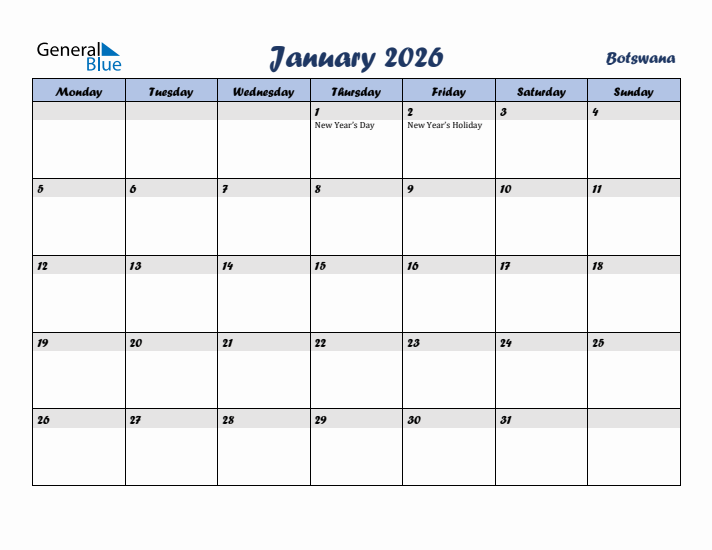 January 2026 Calendar with Holidays in Botswana