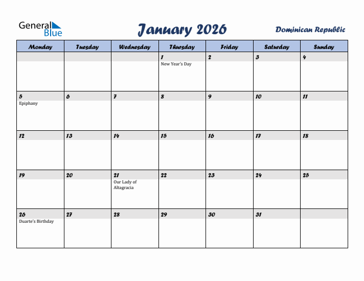 January 2026 Calendar with Holidays in Dominican Republic