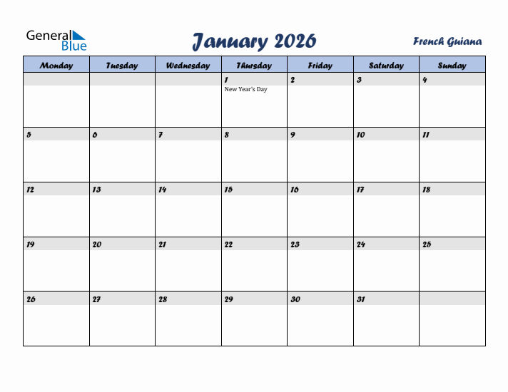 January 2026 Calendar with Holidays in French Guiana