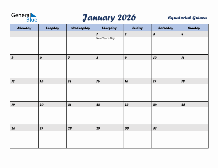 January 2026 Calendar with Holidays in Equatorial Guinea